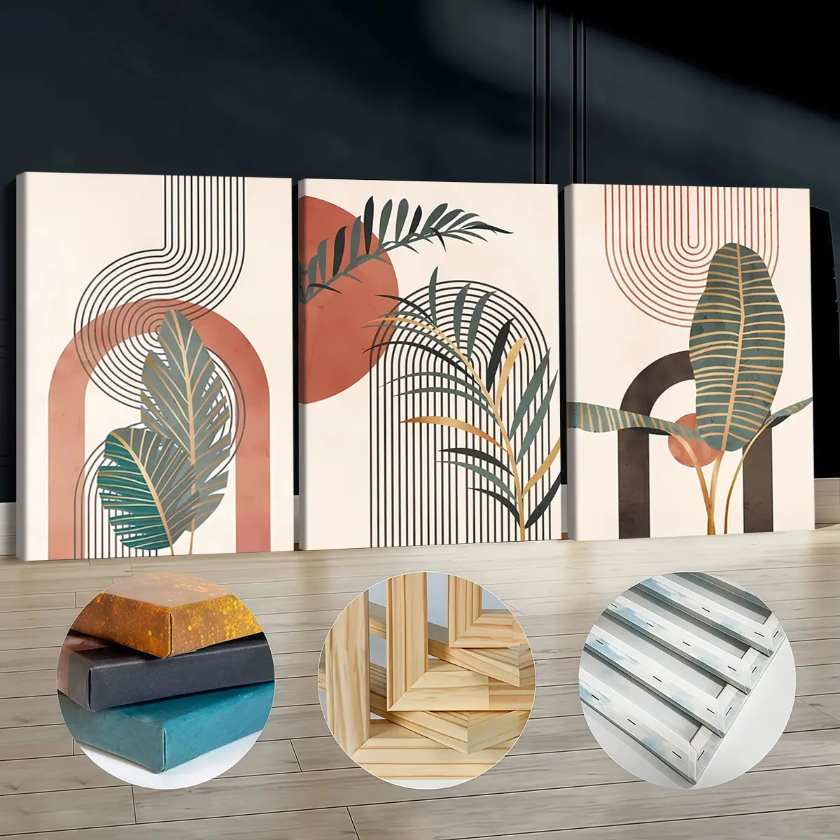 3Pcs Wooden-Framed Canvas Prints - Odourless Abstract Tropical Nature Wall Artwork with Plant Motif, Geometric Lines, Home Decor for Living Room, Office