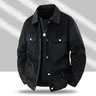 Men’s black patterned long-sleeve jacket — menswear, men’s clothing, featuring a front flap pocket and button closure, a stylish and practical top suitable for autumn.