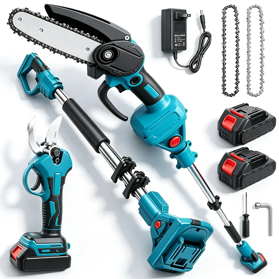 3-in-1 Cordless Pole Saw & Mini Chainsaw Garden Tools Set with 2 Batteries, Extension Pole, Garden Scissors for Tree Trimming, Limb Branch Cutter for Outdoor Use, Father's Day Gift