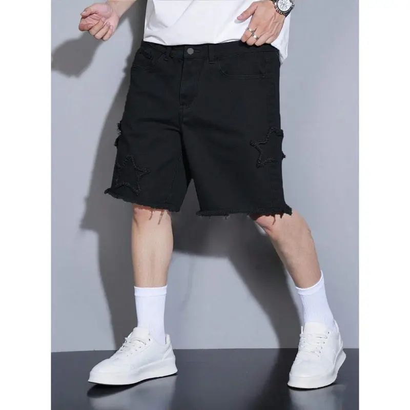 (Gold promotion)Manfinity EMRG Men's Casual Solid Color Denim Black Shorts Jorts With Frayed Hems, Men Black Cargo Shorts, Gothic Men Shorts, Mens Ripped Shorts, Men S Fashion Creative Fringe Denim Shorts