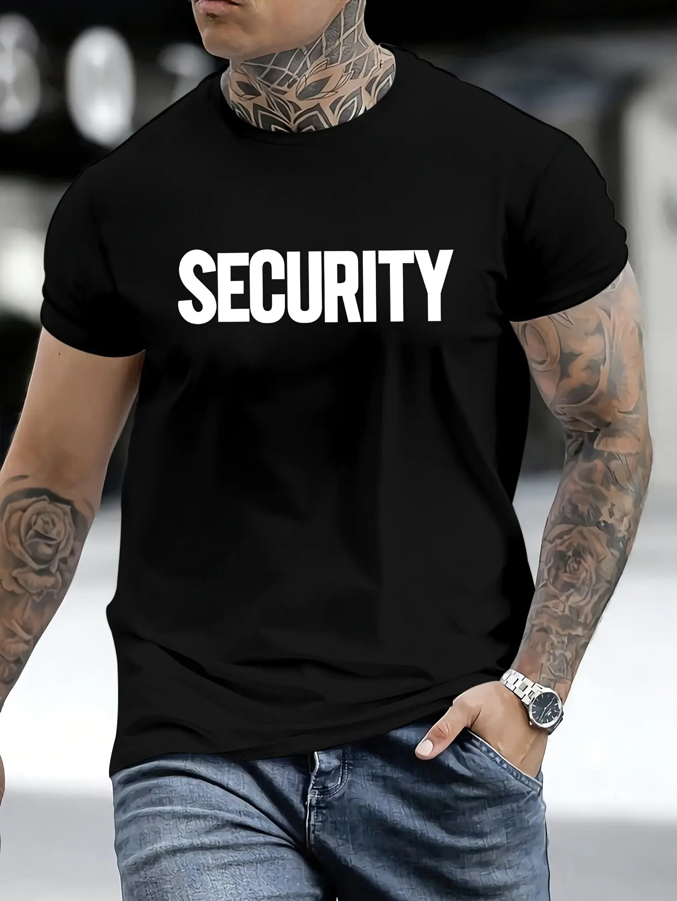Bold SECURITY White Letter Basic Black Crew Neck T-Shirt, Security Guard Bouncer Event Staff Casual Short Sleeve Uniform Top, Concert Festival Party Staff Work Tee, Minimal Classic Daily Streetwear Cotton T-Shirt For Men