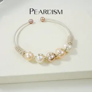 PEARLISM Seedless Freshwater Pearl Wire-Wrapped Cuff Bracelet | Gold/Silver Tone Multi-Color Pearl Cluster Statement Bangle-PSBG1602S/G