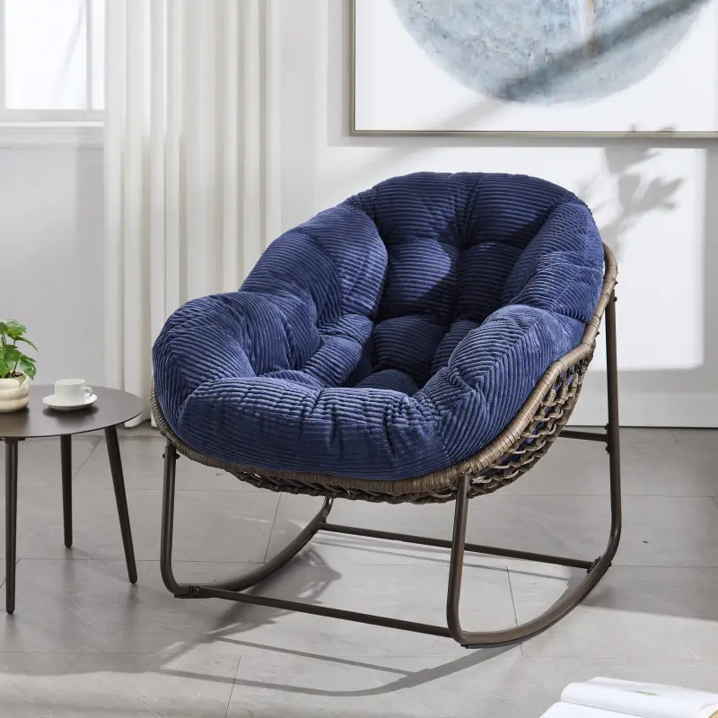 Outdoor Rocking Chair, Patio Egg Rocking Chair, Indoor Papasan Chair, Rattan Wicker Lounge Chair, Modern Royal Chair for Bedroom, Living Room, Porch, Garden, Velvet, Navy blue