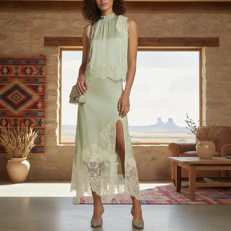 Womens Summer 2 Piece Outfits Sleeveless Mock Neck Lace Patchwork Vest Tops and Irregular Hem Long Skirt Set