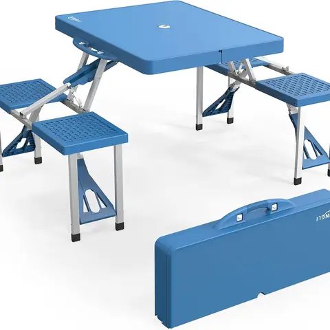 VINGLI 4 Ft Portable Foldable Outdoor Patio Furniture Table Set - 3-4 People, Umbrella Hole, Lightweight Compact Aluminum Frame, MDF Top, 220 Lbs Support, 34*53*26 Inch, 66 Lbs, Quick Setup, Backyard Party Use