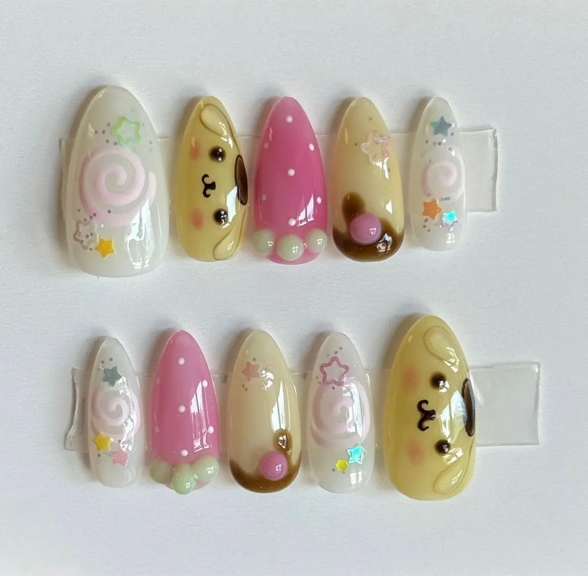 Handmade OpPompompurinauru Inspired Press On Nails | Kawaii 3D Puppy OLollipopa Pearl Star Almond Fake Nails with FREE Adhesive Tabs FREE Nail File FREE Cuticle Stick