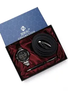 Men's Watch Belt Pen Set Three-Piece Gift Set Wholesale, Men Accessories, Checked Pattern Artificial Leather, All Seasons, No Choking Hazard