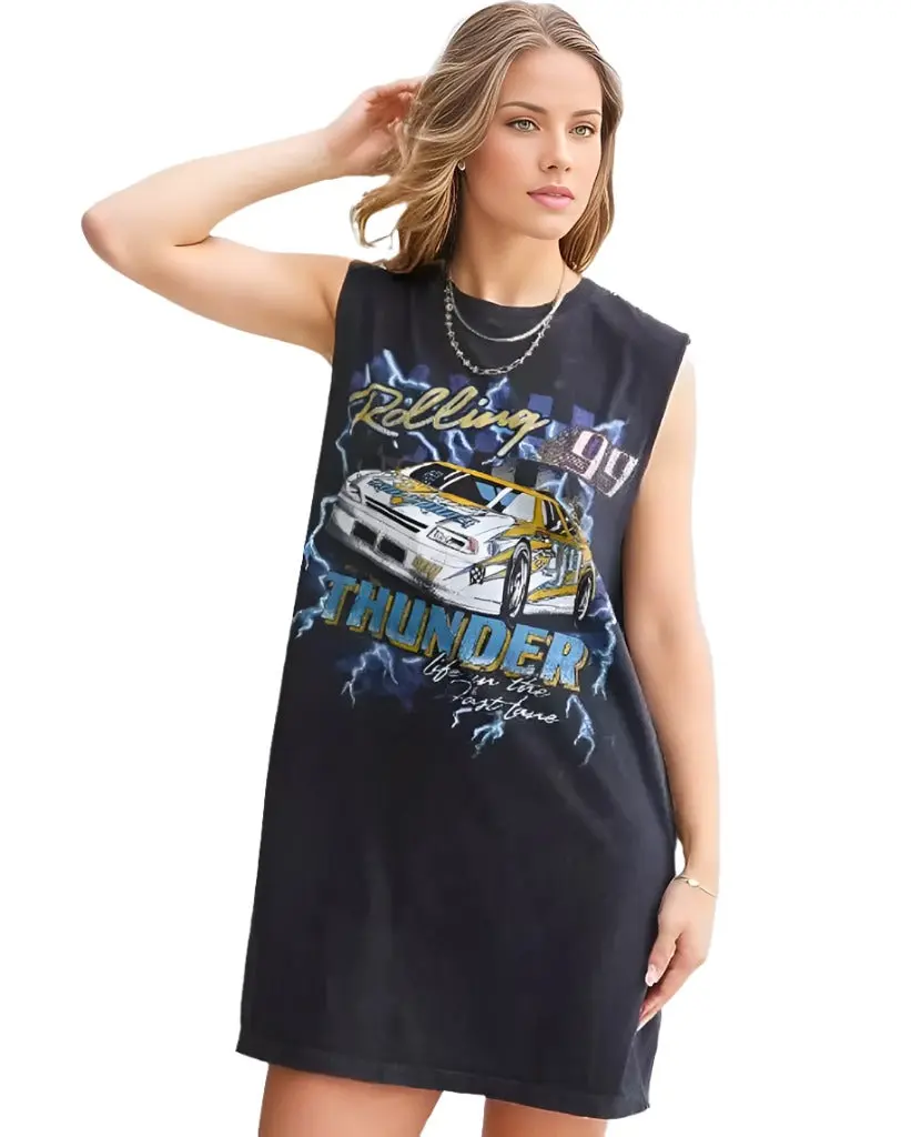 American Highway Women's Distressed Thunder Graphic Tank Dress in 100% Cotton Fabric, Sleeveless Casual Wear with Rhinestones and Raw Edge, Pull-On, Cold Wash, Do Not Dry Clean, All Seasons, Rhinestone Detail, Machine Washable, Distressed Graphic, 32" On,