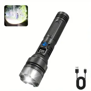 Bright high-power flashlight, digital display USB recharge, retractable, for emergency lighting, survival gear, power outages, durable construction, compact design, bright beam, ideal for hikers and campers, High Powered Flashlight