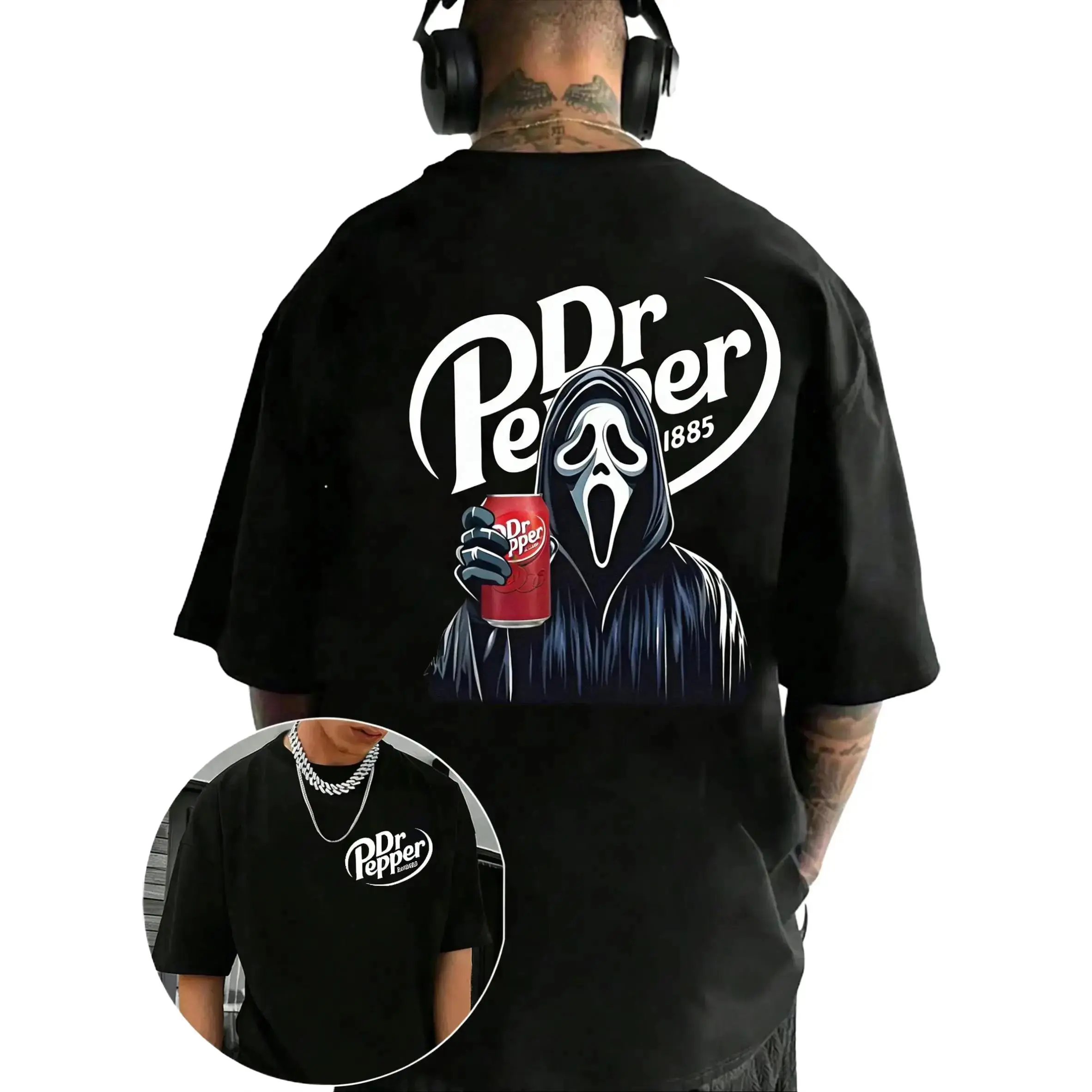 Men's Short-Sleeve Crew Neck Graphic Tee - Ghostface Scream x Dr Pepper Double-Sided Black Vintage Retro Top, Gift for Horror Movie Fans Halloween Birthday