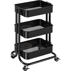 3-Tier Metal Rolling Utility Cart – Heavy-Duty Storage Organizer with Lockable Wheels for Kitchen & Home (Black)