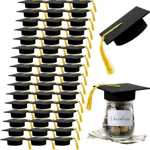 48 count Graduation Cap Decorations Mason Jar Lid with Tassels 4.2 Inch Grad Hat Large Mason Can Toppers for Graduation Party table (Black)