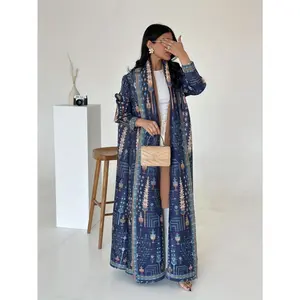 Miyake Women's Floral Print Pleated Abaya Robe Loose Fit Extended Length High-Stretch Machine-Washable Middle Eastern Style Trench Coat for Spring Summer Fall Elegant Party & Casual Wear