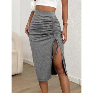 Women's Solid Adjustable Drawstring Ruched Split Thigh Bodycon Skirt, Fashion Casual Knee Length Skirt for Daily Outdoor Wear, Women Bottoms for Summer Spring