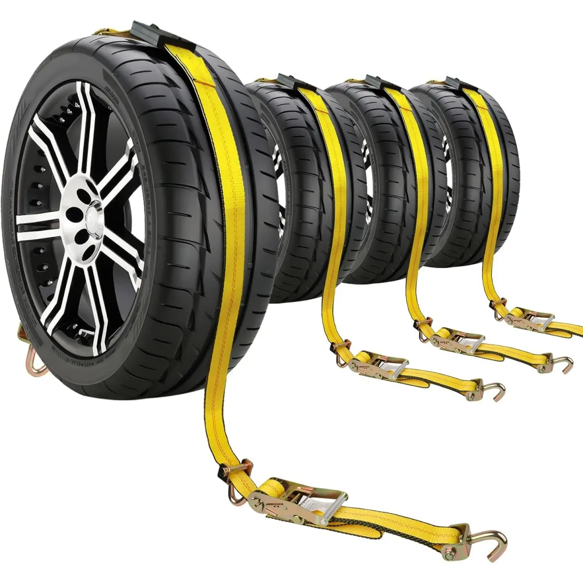 Heavy Duty Wheel Tie-Down Strap Set with Double J Hooks, 10,000 LB Break Strength, Rubber Cleats, Anti-Tangle Design for Trailers/Trucks Vehicle Transport