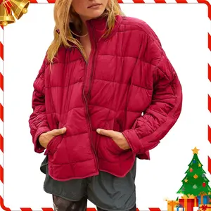 FMEYOA Christmas Women's Oversized Lightweight Down Coat Long Sleeve Zip Packable Short Puffer Jackets