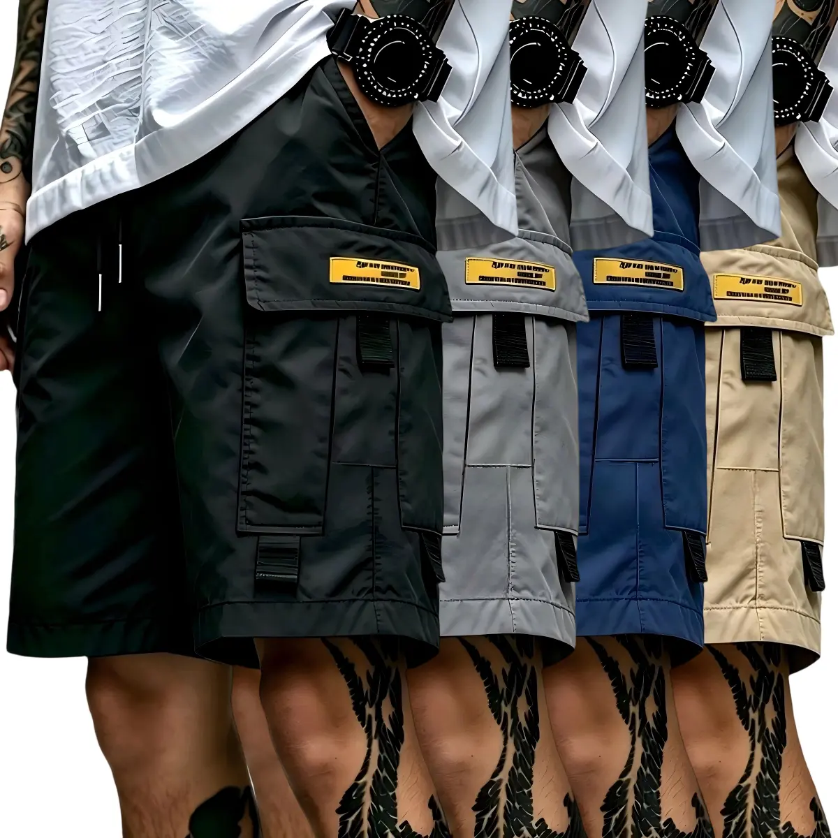 Men's 4-Pack Woven H-Type Quick Dry Cargo Shorts, 100% Polyester Slight Stretch, Elastic Drawstring Waist, Multi-Pocket Above-the-Knee Lightweight Summer Casual Shorts, Do Not Iron