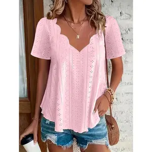 Plus Size Eyelet Scallop Trim V Neck T-Shirt, Casual Short Sleeve Top For Spring & Summer, Women's Plus Size Clothing Purple Womenswear