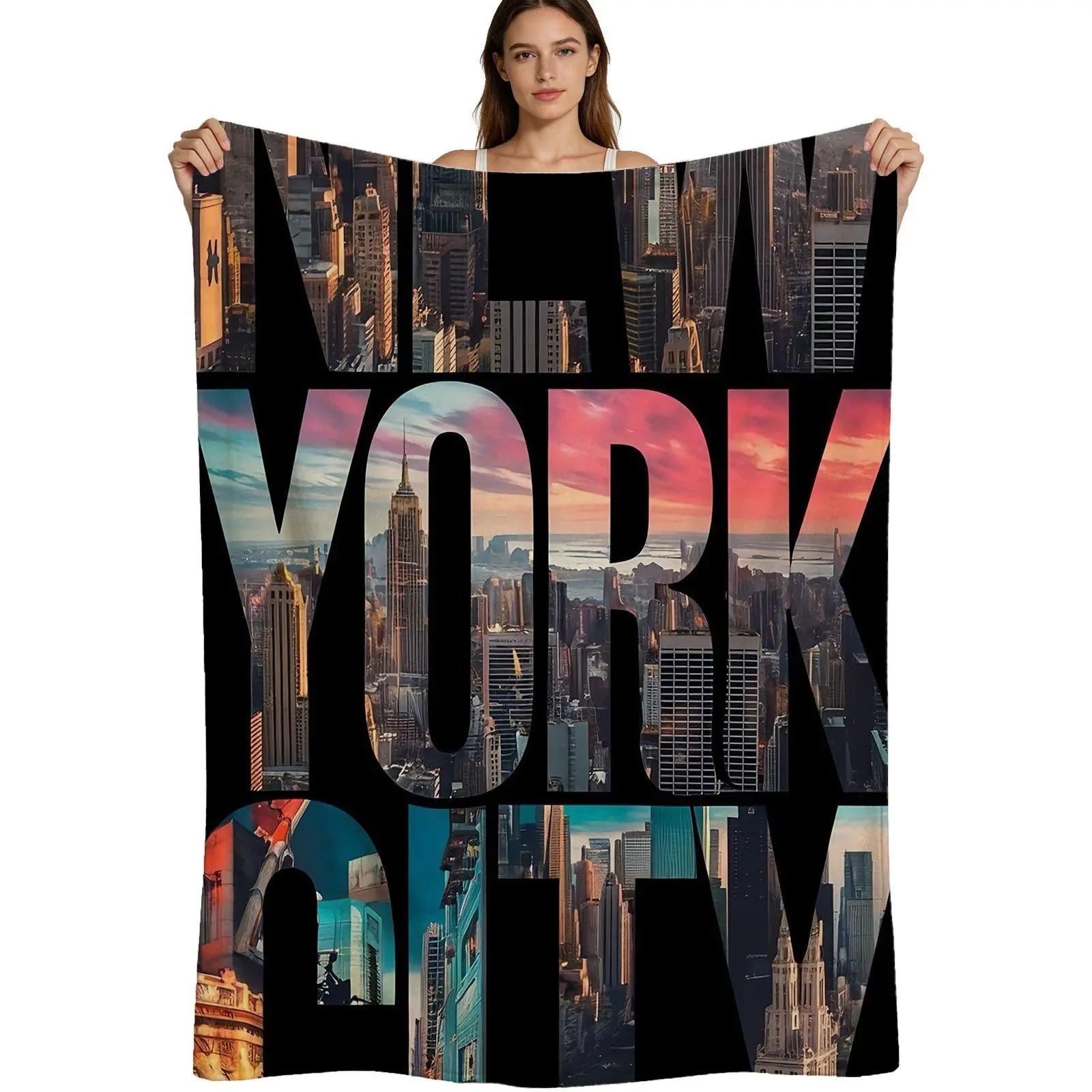 New York City Skyline, Warm Flannel Blanket, Urban Landmark Photo Collage Print, Soft Plush Fleece Fabric, For Travelers And Home Decor, 4 Sizes Available Single Pack