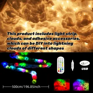 K-Thundercloud LED Light - USB Lamp with 3D Lightning Cloud Colorful Atmosphere, DIY Creative Night Light for Gaming Room, Club, DJ Party, 16 Ft Long- 2