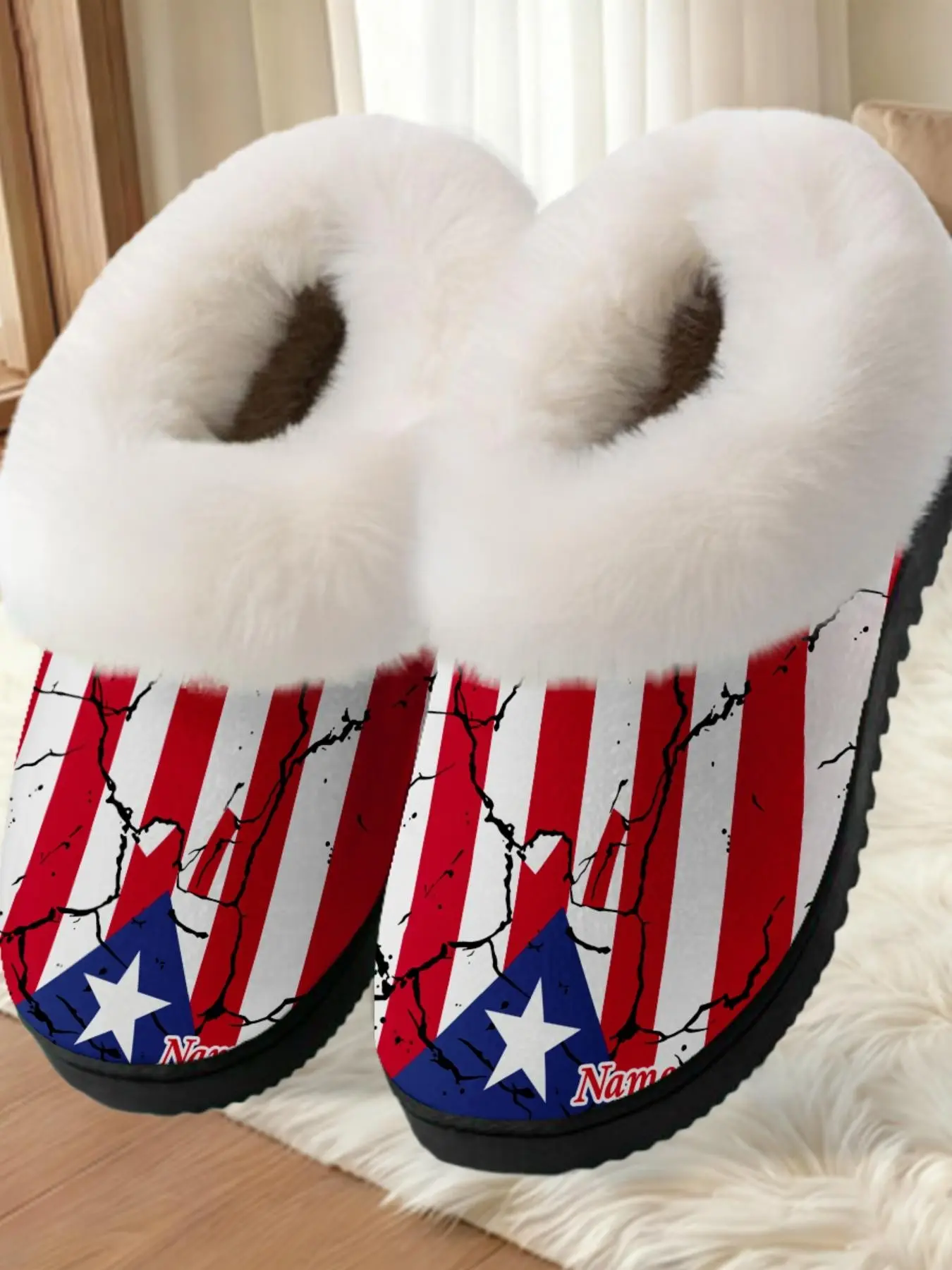 Puerto Rico Flag Custom Printed Cotton Slippers, Plush Lined Soft Anti-Slip Thick Sole Rubber, Casual Home Warm Shoes for Men Women Fall Winter, Affordable Slippers