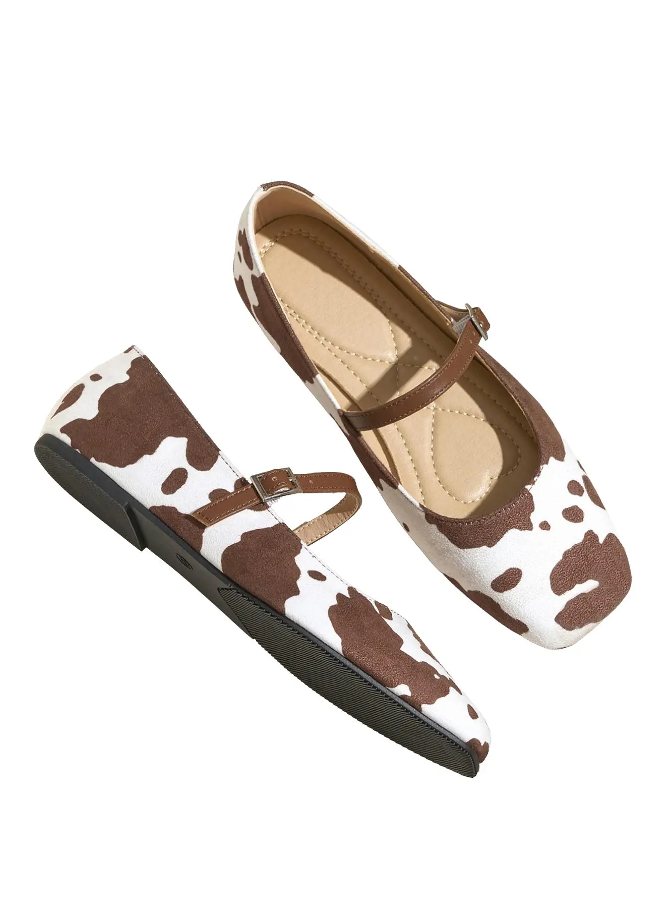 Cow Pattern Mary Jane Single Shoe Buckle Spring Autumn New Square Toe Low Heel Flat Walking Shoes, Vintage Cute Women's Shoes, Velvet Material, Rubber, Vintage Chic Shoes, Vintage Style Shoes, Fashionable Flats