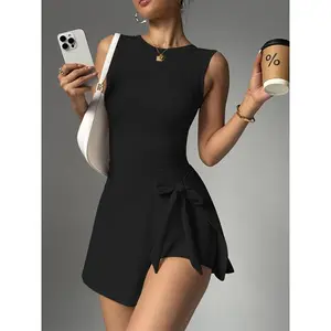 Women's round neck tennis dress, sleeveless design, side seams and built-in shorts, golf sports skirt pants, backless sports shirt, tennis suitRAIMENTRY