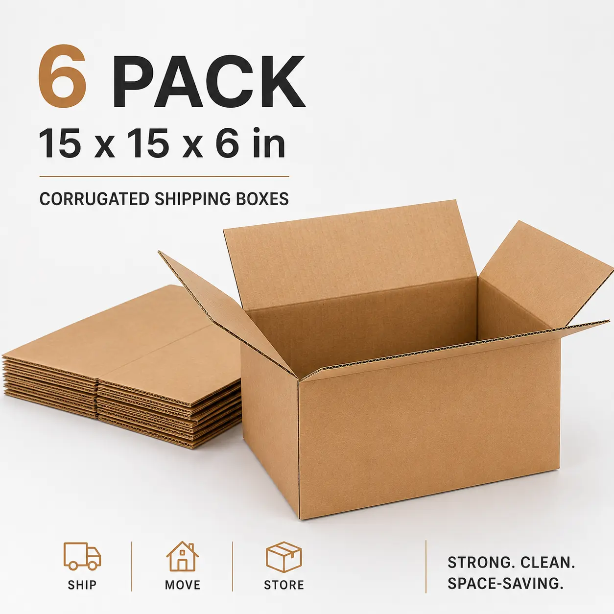 6 Pack Corrugated Shipping Boxes, 15 x 15 x 6 Inch Brown Cardboard Mailing Boxes, Large Capacity Packing Boxes for Shipping, Moving, Storage & Small Business Supplies