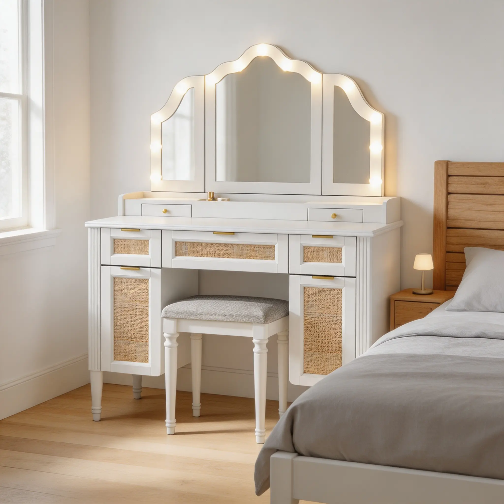 44.37" Vanity Desk with 13 Hollywood Bulbs & Charging Station, Tri-Fold Mirror Dressing Table with Ample Storage, Stool Set for Bedroom, White
