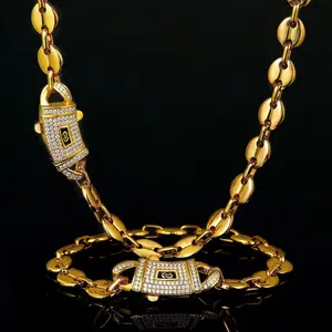 【2Set】18K Vacuum-gold Plated Black S Coffee Bean Miami Cuban Link Chain Hip Hop Jewelry Set Necklace and Bracelet with 5A+ Canada Zircon Jewelry Fashionable Accessory Valentines Birthday Gift for GF unisex Monaco Mexico & Micro Promise chains For Husband
