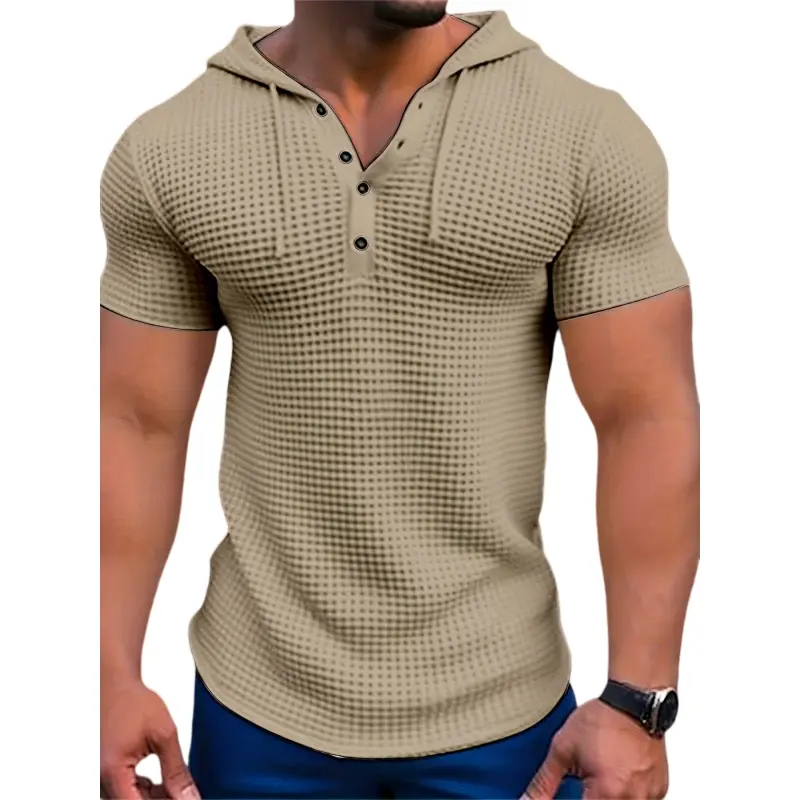 Men's Summer Drawstring Hooded Shortsleeve Pullover T-Shirt - Slim Fit, Button-Front Waffle Design, Casual Versatile Menswear Top, Suitable for Everyday Wear & Beach Vacations#SummerWins, Waffle Knit, Pullover Hoodie, Chic, Fashion, 2Xl, Figure