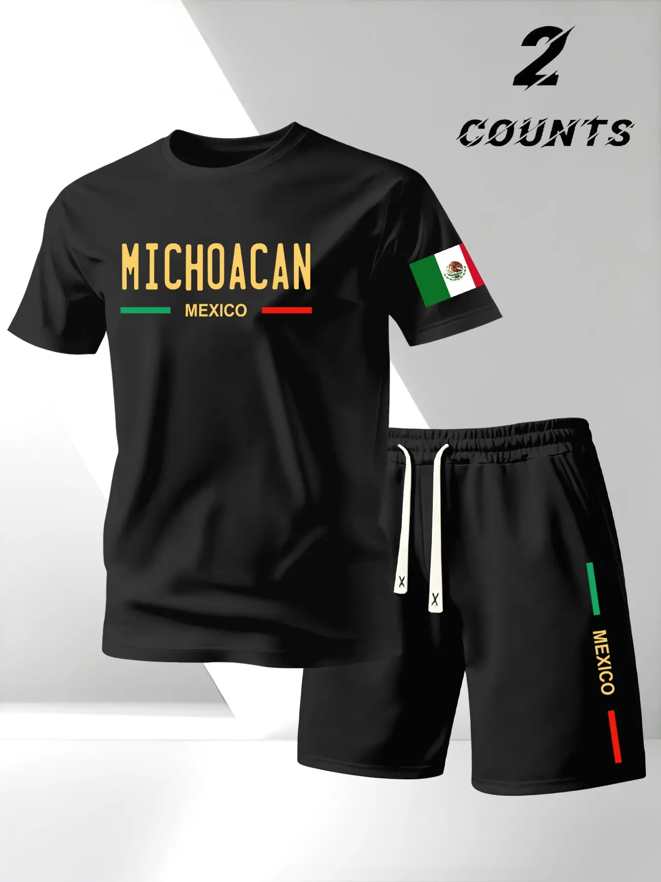 Men's T-Shirt and Short Set, Round Neck Menswear Matching American Retro Vintage Classic Style 2-Piece Set, Michoacan Letter Pattern, Comfortable Fashion Daily Wear, Suitable for Casual Occasions