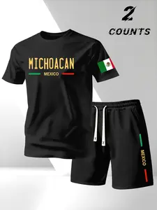 Men's T-Shirt and Short Set, Matching American Retro Vintage Classic Style 2-Piece Set, Michoacan Letter Pattern, Comfortable Fashion Daily Wear, Suitable for Casual Occasions