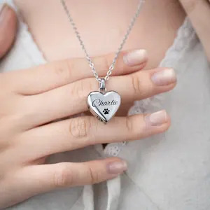 Custom Heart Pet Memorial Urn Necklace for Ashes – Personalized Cremation Jewelry with Name & Paw Print