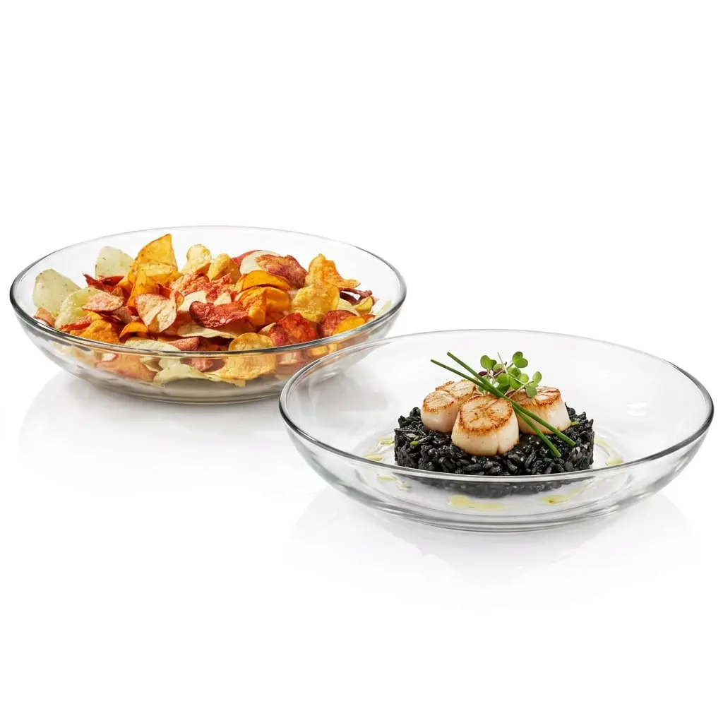 Libbey Selene Coupe Serving Bowls, Set of 2, 12-Inch Wide, 2.5-Inch Tall Clear Glass, Stackable, Lead-Free, Dishwasher-Safe Large Serveware for Salads, Pastas, Snacks, Classic Entertaining