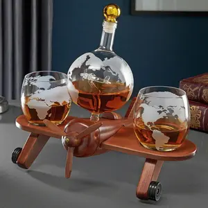 Home Wet Bar Globe Decanter Set for Men with Whiskey Glasses and Airplane Stand - Durable Personalized Gift for Whiskey Lovers 9" x 3" Globe Decanter 20 oz Capacity 3.5" x 3.5" Globe Glasses 10 oz Capacity 12" x 11" x 9.5" s