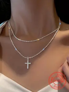 925 Sterling Silver Glitter Cross Pendant Necklace for Women, Gifts for Girlfriend, Fashion Double Layered Jewelry for Party, Daily Decor, Trendy All-match & Exquisite Jewelry for Birthday Gift Silver Jewelry, Cuban Link Chain