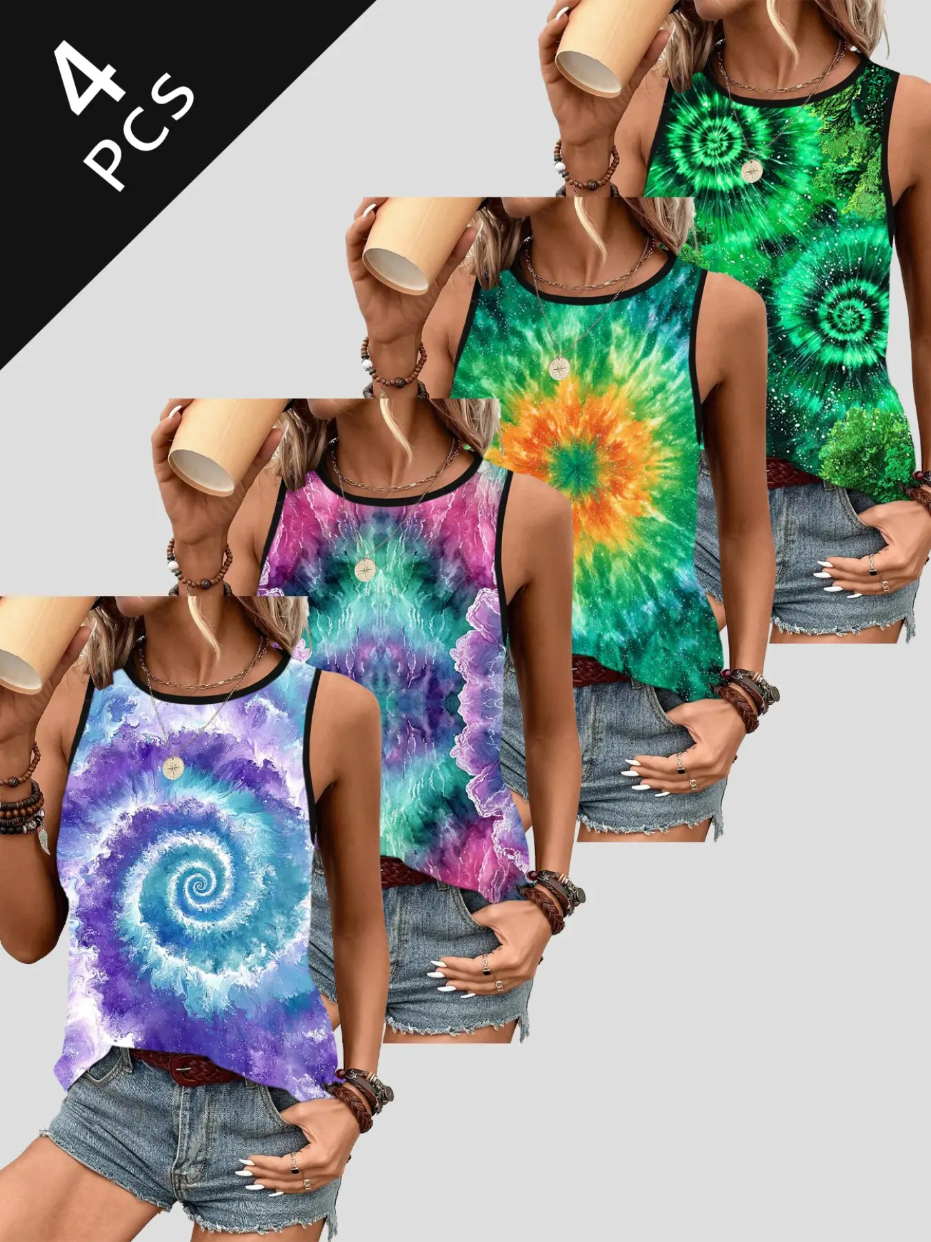 Vintage Tie-Dye Spiral Tank Top, Hippie Style Rainbow Gradient Sleeveless Shirt, Women's Summer Music Festival Casual T-Shirt, Casual Summer Clothing, 4-Piece Set