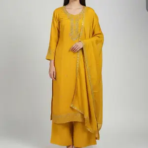 Chinnon Silk Kurta Set in Vibrant Mustard Yellow Perfect for Parties and Special Occasions with Embroidered Details