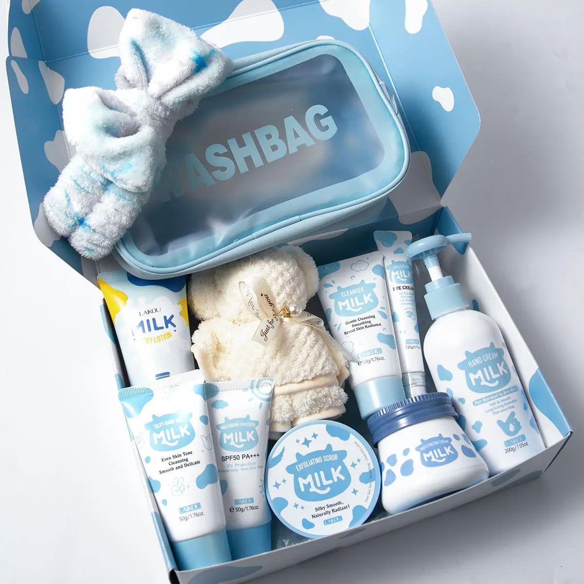 Milk Skincare Set, Including Cleanser, Eye Cream, Moisturizer, Sun Cream, Hand Wax, Hand Cream, Body Lotion, Body Scrub, Towel, Hair Tie, Cosmetic Bag, Gift Box, Body Care Pack, Body Care Sets