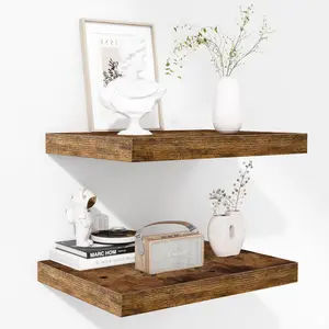Fun Memories Floating Shelves - 2 Pack 12 Inch Deep Rustic Wooden Wall Shelves - Extra Deeper & Thicker Wall Mounted Storage Shelf for Living Room, Kitchen, Farmhouse - 16" W x 12" D x 1.5" H - Brown