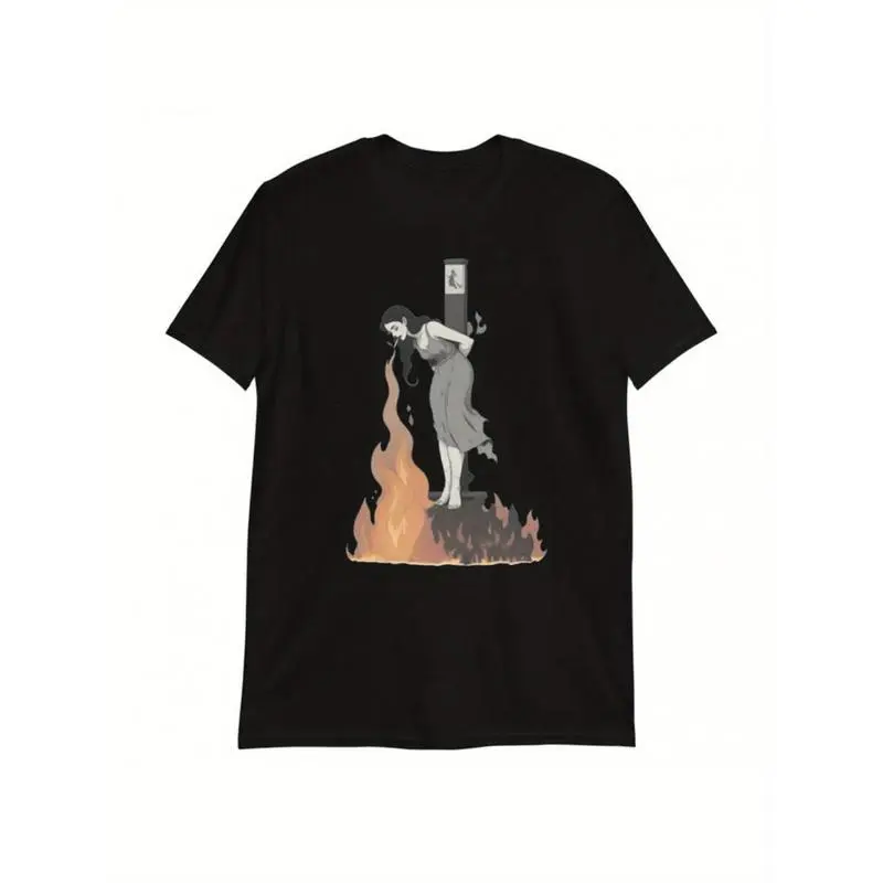 100% Cotton Witch Lighting Cigarette Amidst Flames At The Stake Graphic Unisex Tee Perfect Halloween Gift Golf Gift T-Shirt For Men and Women Men Tee