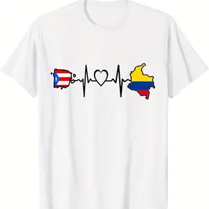 Puerto Rico & Colombia Flag Heartbeat T-Shirt Soft Crew Neck Casual Short Sleeve Women's Fashion All-Season Clothing Long-Lasting Print Cotton Tee