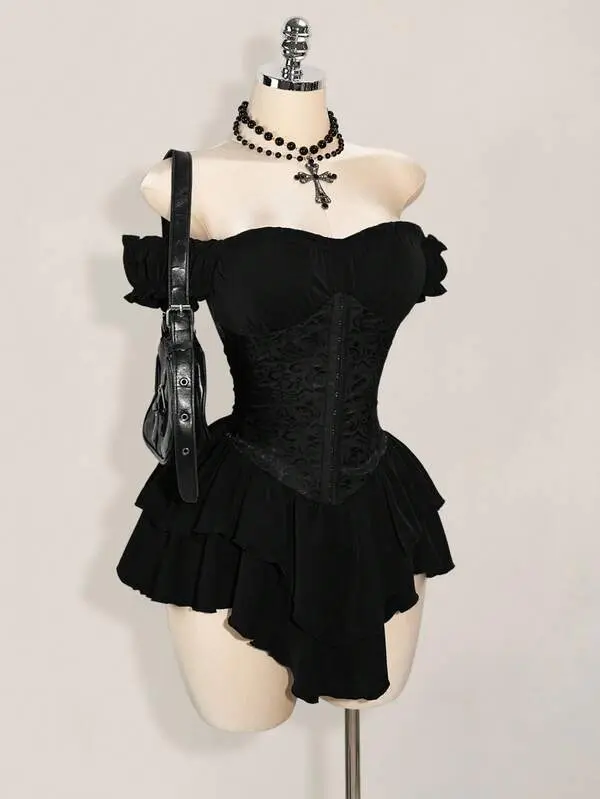 Black Red Corset Style Dress Off Shoulder Mini Elegant Party Outfit