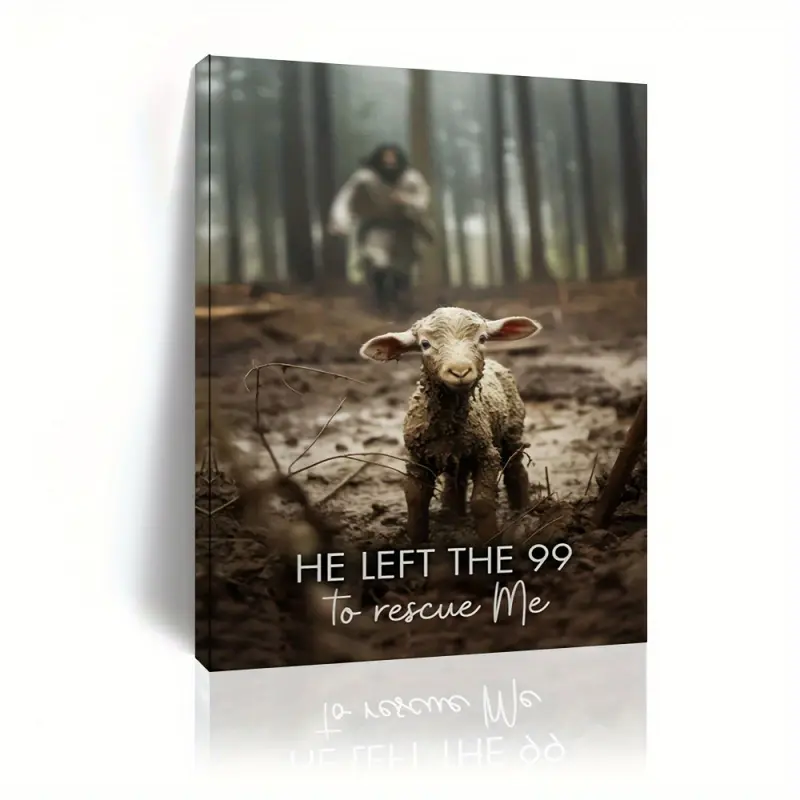 A Wooden Frame Painting, He Left 99 Sheep to Rescue Me, Man and the Lost Sheep, Christian Wall Art, Framed Wall Art Print, Suitable for Living Room and Bedroom, Home Decoration, Holiday Gift for Her or Him, Ready to Hang and Use