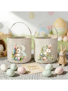 Easter Egg Hunt Monogram Bunny Basket, Adorable Initial Letter Rabbit Print Tote Bag with Sturdy Handle,Ideal for friends Easter Games, Personalized Gifts, Home Decor, Great Spring Holiday Essential for Family Celebrations ﻿