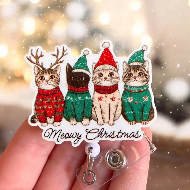 Glitter My Badge Christmas cat badge reel for nurse and hospital workers. Badge clip Badge pull - Retractable swivel clip with a 360 rotation. Great gift for coworker.