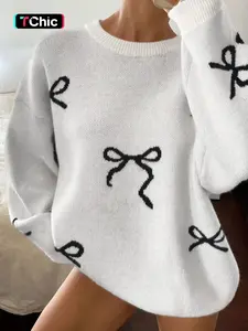 Women Crew Neck Loose Fit Casual Bow Knitted Sweater, Round Neck Long Sleeve Knitted Top for Fall & Winter, Moderate Fabric Thickness