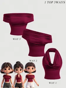 Female teenage burgundy off the shoulder strapless Fitted top, with multiple ways to wear it, can be worn with a neck hanging, one shoulder slanted shoulder, elegant temperament Chic, casual versatile, suitable for party occasions, youth clothing