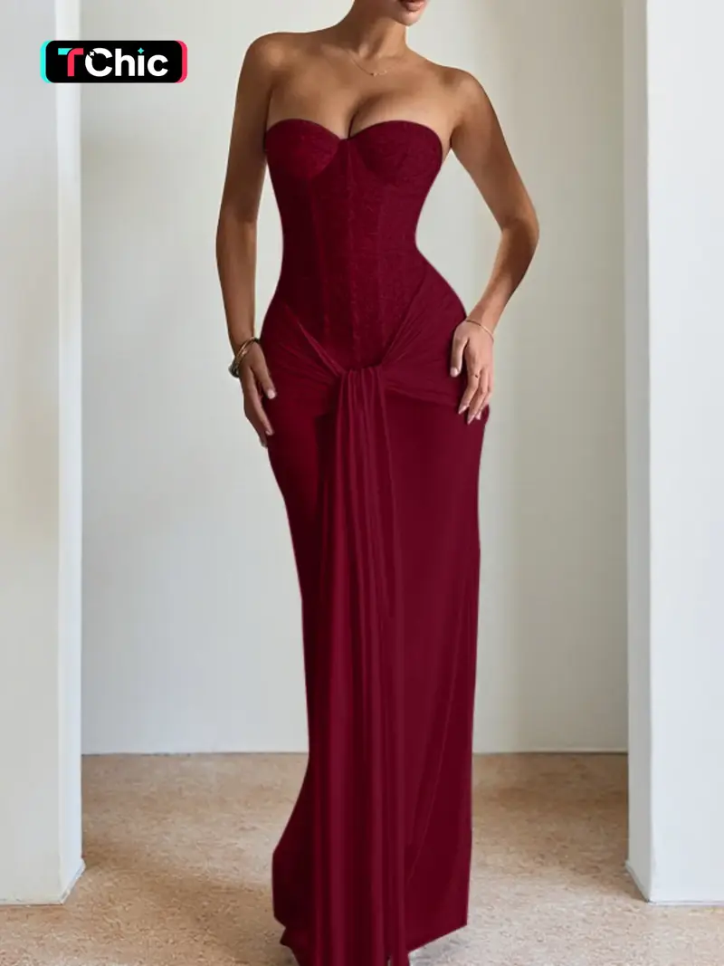 Elegant Strapless Corset Bodycon Long Formal Dress, with Ruched Detail, Perfect for Evening Prom Party